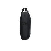 black targus laptop briefcase side view on white background