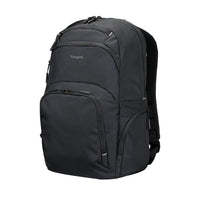Black backpack with visible brand logo on a white background