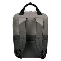 The back view of a gray and black backpack, showing the padded shoulder straps, top carry handle, and side compression straps against a solid white background.