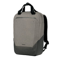 A gray and black Targus laptop backpack with dual top handles, shown from a three-quarter angle on a solid white background.