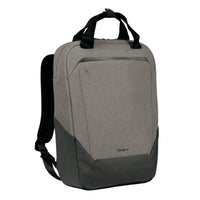 A gray and black Targus laptop backpack with dual top handles, shown from a three-quarter angle on a solid white background.