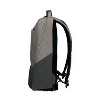 A gray and black backpack shown from the side profile against a solid white background.