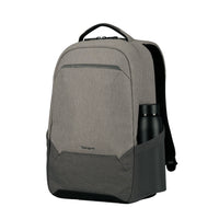 A gray and black Targus backpack shown from a three-quarter angle on a solid white background, featuring a side bottle pocket with a black bottle inserted.