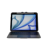 A black tablet with a built-in keyboard and trackpad, shown open against a solid white background. The tablet screen displays a blue and white abstract wallpaper, and a stylus is visible in the top slot.