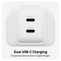A white dual USB-C charger plug with two USB-C ports labeled USB-C1 and USB-C2, shown on a light gray background with the text 'Dual USB-C Charging' and 'Charge two devices from a single charger.' below.