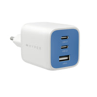 A white Hyper brand dual USB-C wall charger with a blue front panel showing USB-C1, USB-C2, and USB-A ports, on a solid white background.