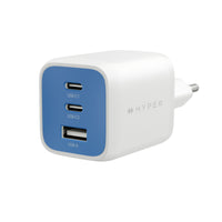 A white Hyper power adapter with a blue front panel featuring three USB-C ports and one USB-A port, shown on a solid white background.