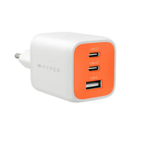 A white Hyper power adapter charger with a bright orange front faceplate, featuring three USB-A ports (USB-C1, USB-C2, and USB-A) and a European two-pin plug.