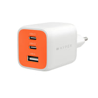 A white Hyper-branded wall charger with a bright orange front panel, featuring three USB-C ports and one USB-A port, shown on a clean white background.