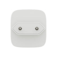 A square white electronic wall mount or adapter with rounded corners and two small metallic screw terminals on a central horizontal plate, shown against a plain white background.