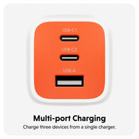 An orange multi-port USB charger with three USB-C ports and one USB-A port, shown on a white background with the text 'Multi-port Charging' and 'Charge three devices from a single charger.'.