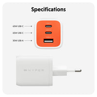 Specifications graphic showing a Hyper-branded USB charger with a white body and orange front panel, alongside text listing 65W USB-C, 65W USB-C, and 30W USB-A ports.
