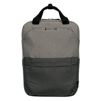 A dual-tone gray backpack with a lighter heather gray upper section and a darker charcoal gray lower pocket, featuring black top handles, shown against a plain white background.