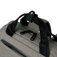 Close-up of a gray textured fabric bag with black webbing handles, black zipper pulls, and a black plastic snap hook detail on a white background.