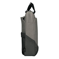 A side profile view of a gray and black laptop tote bag against a solid white background.