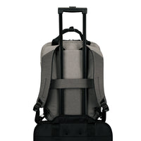 A grey backpack on top of rolling case with an extended telescoping handle and a black bottom carry pouch, shown from the back on a white background.