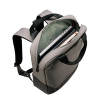 A gray and black laptop backpack shown from an overhead angle, with the front zippered pocket open to reveal a silver laptop and notebooks inside. The backpack has padded shoulder straps and a clean white background.