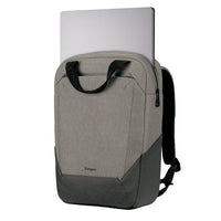 A gray and black Targus laptop backpack with a silver laptop partially inserted, shown on a plain white background.