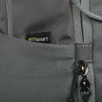 Gray backpack with 'eco/smart' label on a close-up of the fabric and zipper.