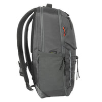 Gray backpack with orange handle on a black background