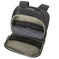 Gray backpack with open front compartment on a white background
