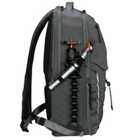 Gray backpack with a camera tripod attached on a black background