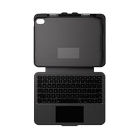 A black tablet keyboard case shown open, featuring a built-in keyboard and touchpad on a plain white background.