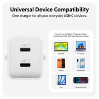 A white dual USB-C charger shown on a clean light gray background with marketing text reading 'Universal Device Compatibility' and a compatibility panel listing devices such as MacBook, PC Laptop, iPhone, Smartphone, iPad, and Portable Gaming devices.