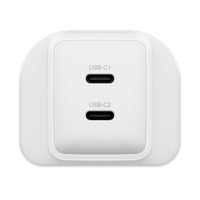 A white USB-C power adapter with two USB-C ports labeled USB-C1 and USB-C2, shown on a clean white background.
