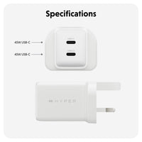 White Hyper-branded 45W USB-C wall charger shown from front and side views with 'Specifications' text and port labels on a light gray background.