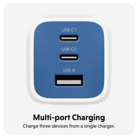 A blue and white multi-port USB charger with three USB-C ports and one USB-A port, shown on a light gray background with text below reading 'Multi-port Charging' and 'Charge three devices from a single charger.'.