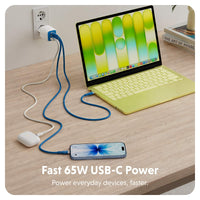 Hyper charger connected to 3 devices with fast 65w usb-c power text