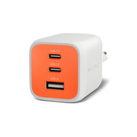 A white and orange HyperPower USB-C fast charger with three ports (two USB-C and one USB-A) on a clean white background.